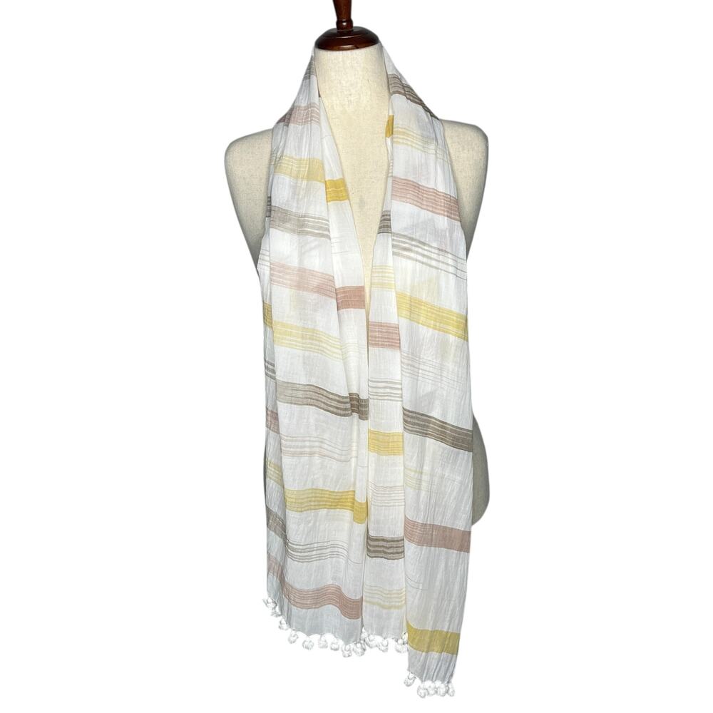 Eileen Fisher Scarf White Stripe Organic Cotton Fringe Pom Pom 74x24 Lightweight